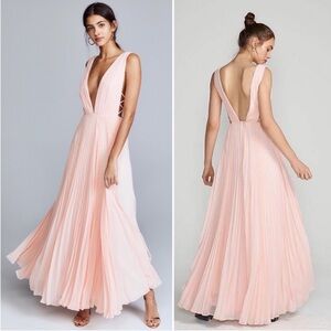 Fame & Partners Allegra chiffon knife pleat thigh slit pink chiffon maxi dress